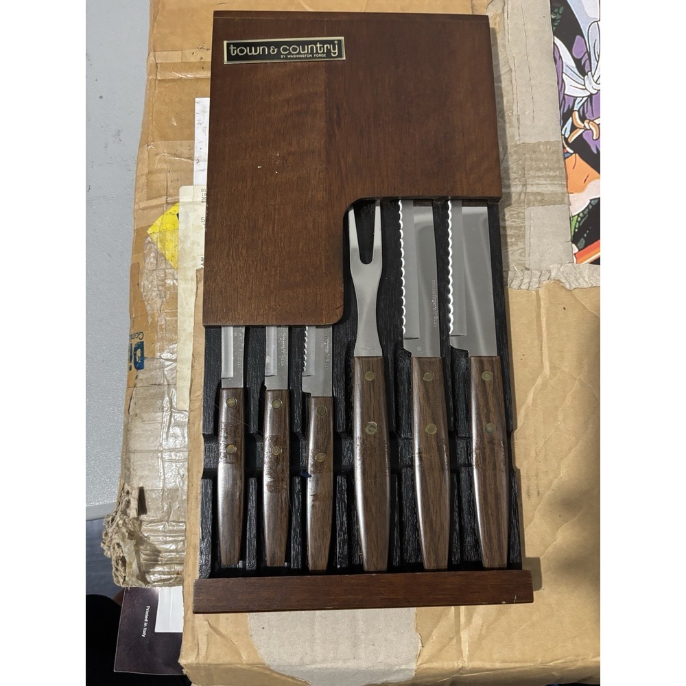 Washington Forge Town & Country Carving Set Walnut MCM Steak Knives FLEETWOOD